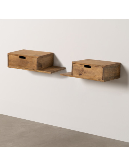 Petit Chevet mural flottant 1 tiroir 1 étagère en Bois de manguier Miel Edian (Lot de 2) - 8