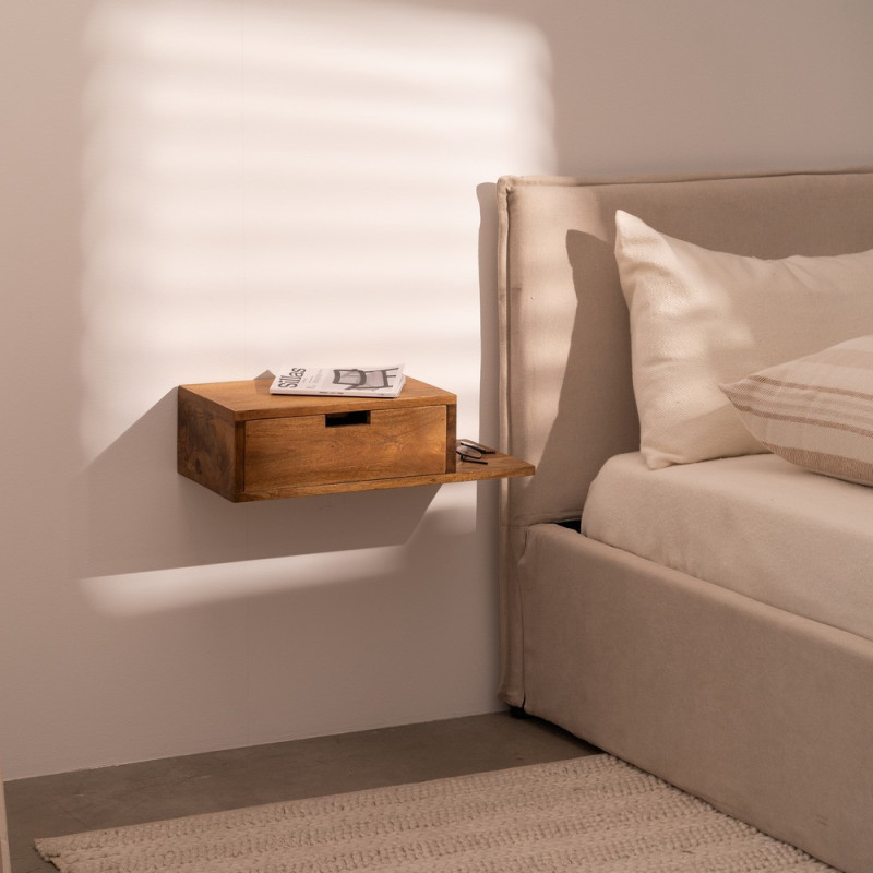 Petit Chevet mural flottant 1 tiroir 1 étagère en Bois de manguier Miel Edian (Lot de 2) - 1