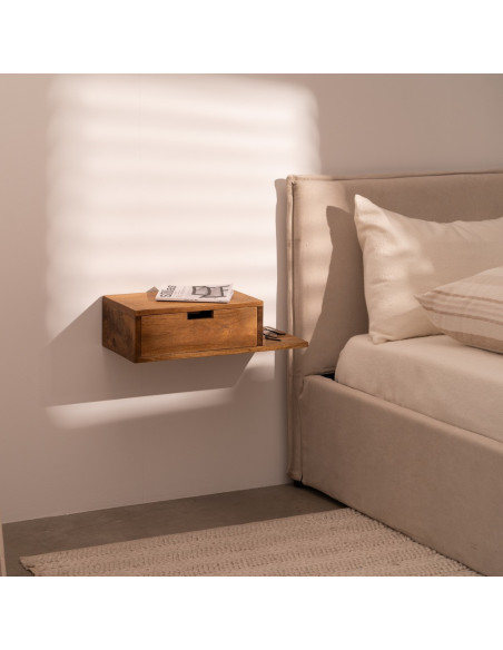 Petit Chevet mural flottant 1 tiroir 1 étagère en Bois de manguier Miel Edian (Lot de 2) - 1