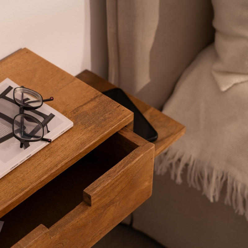 Petit Chevet mural flottant 1 tiroir 1 étagère en Bois de manguier Miel Edian (Lot de 2) - 2
