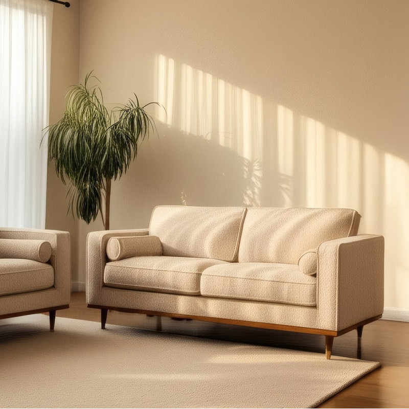 Canapé moderne bouclette Droit 2 places en Tissu Beige Bouclé Bois d'hévéa Bois MDF Marron Métal Doré Guido - 2