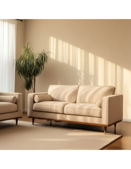 Canapé moderne bouclette Droit 2 places en Tissu Beige Bouclé Bois d'hévéa Bois MDF Marron Métal Doré Guido - 2