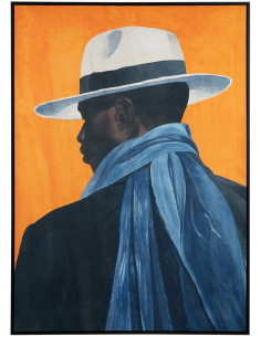 Grande Toile murale imprimée Homme avec chapeau 103x143 Orange Noir Bleu Cadre en PS noir Dorea - 1