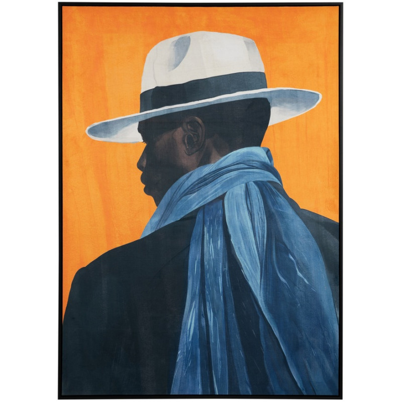 Grande Toile murale imprimée Homme avec chapeau 103x143 Orange Noir Bleu Cadre en PS noir Dorea - 1