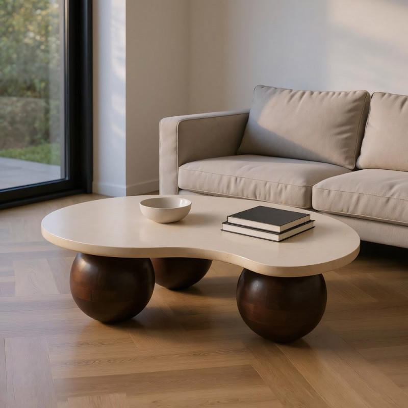 Grande Table basse moderne chic Organique en Marbre Blanc Bois de manguier Marron Nieva - 1