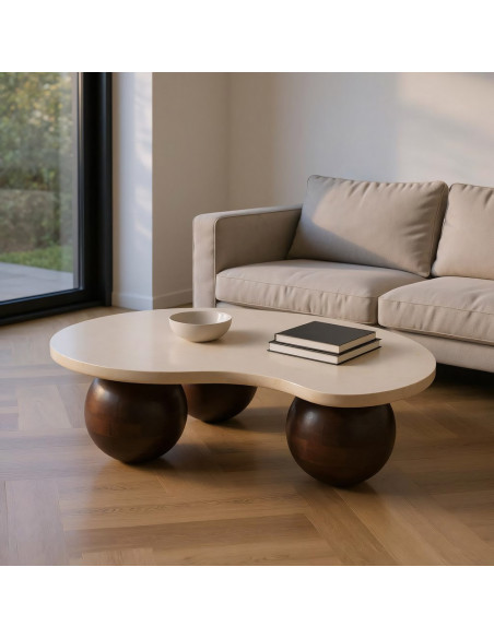 Grande Table basse moderne chic Organique en Marbre Blanc Bois de manguier Marron Nieva - 1