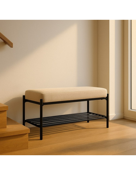 Grande Banquette moderne chic 1 étagère 2 places en Tissu Beige Métal Noir Ulea - 2