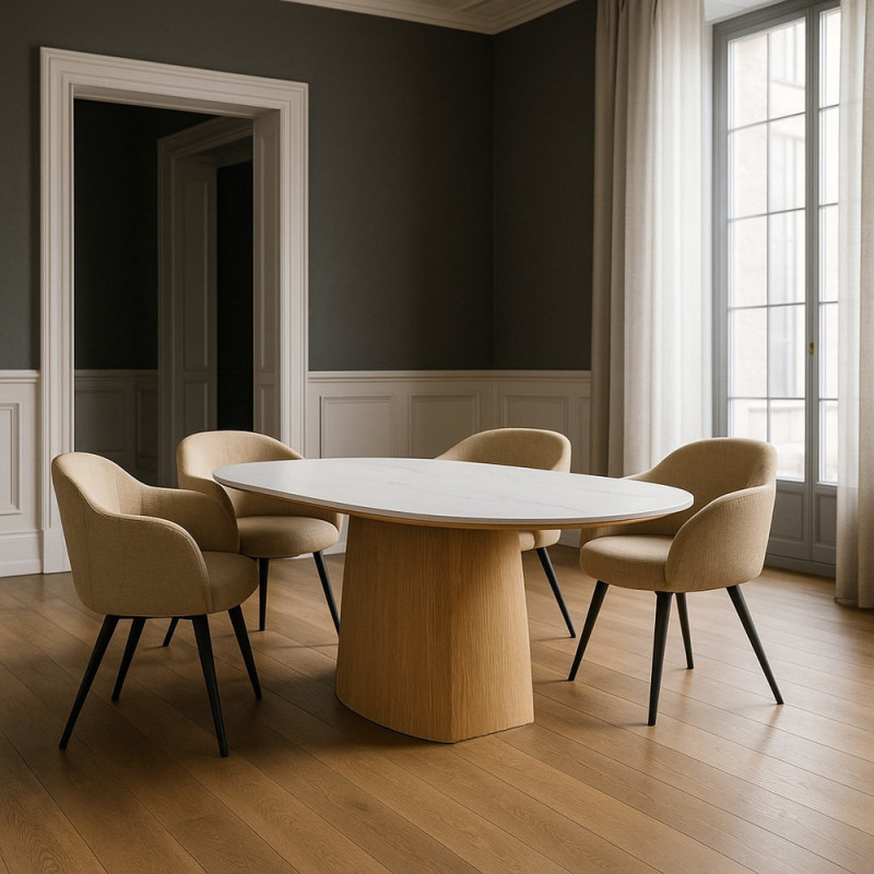 Table à manger moderne chic Ovale 6 personnes en Bois MDF Naturel Céramique Blanc Effet marbre Ezka - 2