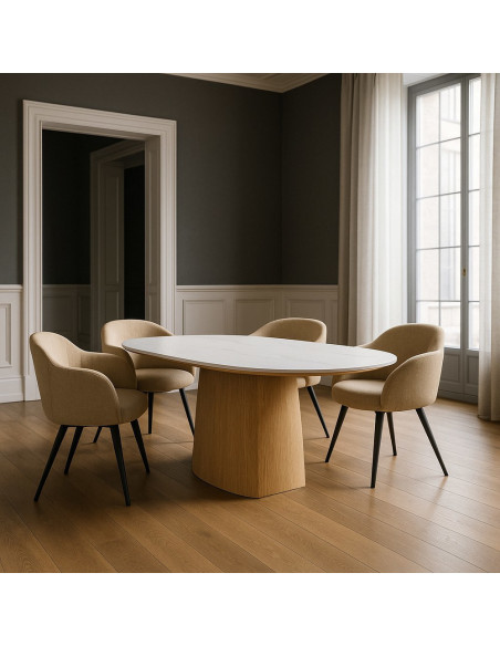 Table à manger moderne chic Ovale 6 personnes en Bois MDF Naturel Céramique Blanc Effet marbre Ezka - 2