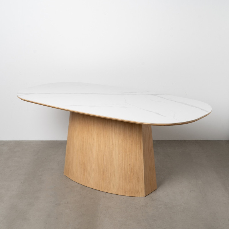 Table à manger moderne chic Ovale 6 personnes en Bois MDF Naturel Céramique Blanc Effet marbre Ezka - 10