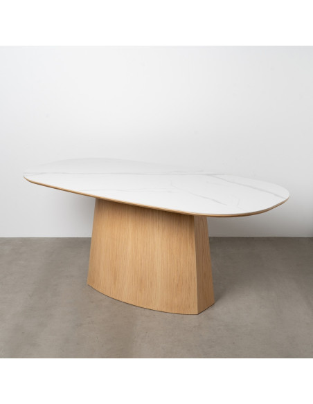 Table à manger moderne chic Ovale 6 personnes en Bois MDF Naturel Céramique Blanc Effet marbre Ezka - 10