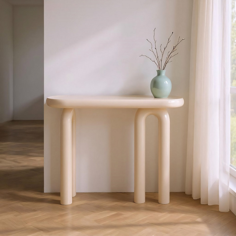Console d'entrée moderne Ovale en Bois MDF Blanc crème Laqué Urda - 2