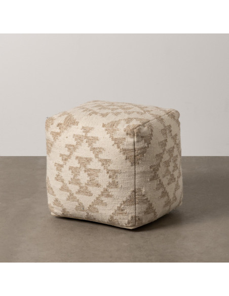 Pouf ethnique chic Carré en Laine Coton Blanc Naturel Adra - 7