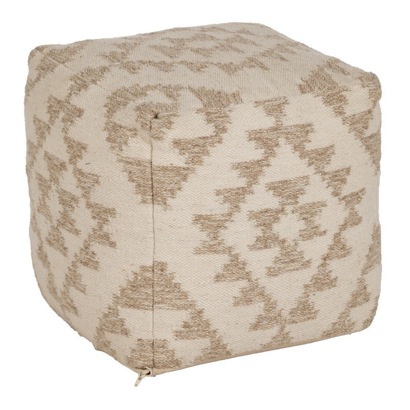 Pouf ethnique chic Carré en Laine Coton Blanc Naturel Adra - 1