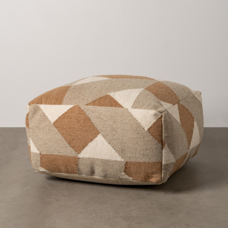 Grand Pouf ethnique chic Carré en Laine Coton Marron Blanc Motif géométrique Gata - 2
