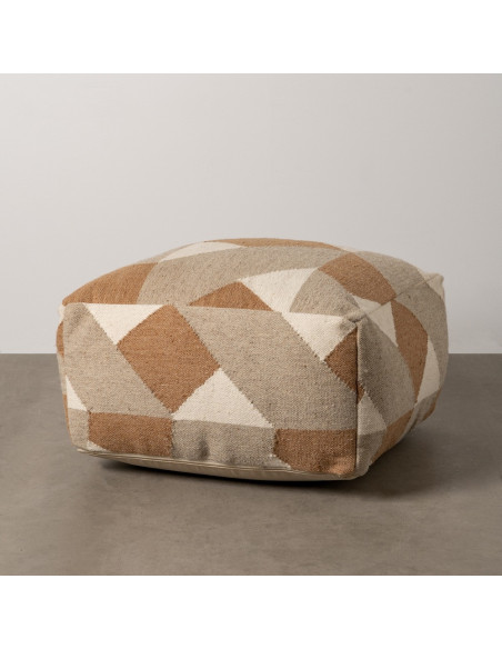 Grand Pouf ethnique chic Carré en Laine Coton Marron Blanc Motif géométrique Gata - 2