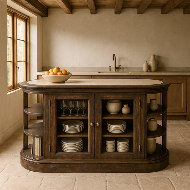 Grand Îlot de cuisine 4 portes 6 étagères en Bois de manguier Gris Marbre Beige Gata - 2