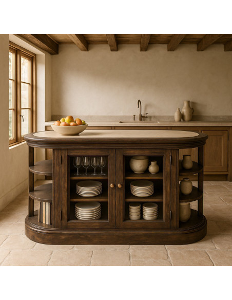 Grand Îlot de cuisine 4 portes 6 étagères en Bois de manguier Gris Marbre Beige Gata - 2