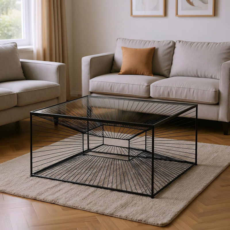 Table basse moderne Rectangulaire 80 cm en Métal Noir Verre Transparent Viana - 2