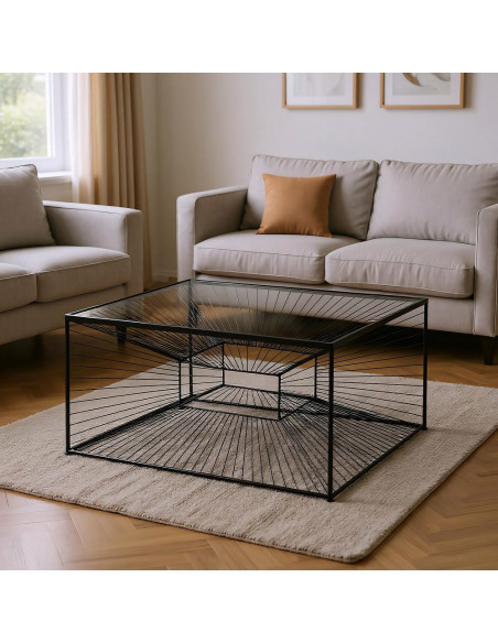 Table basse moderne Rectangulaire 80 cm en Métal Noir Verre Transparent Viana - 2
