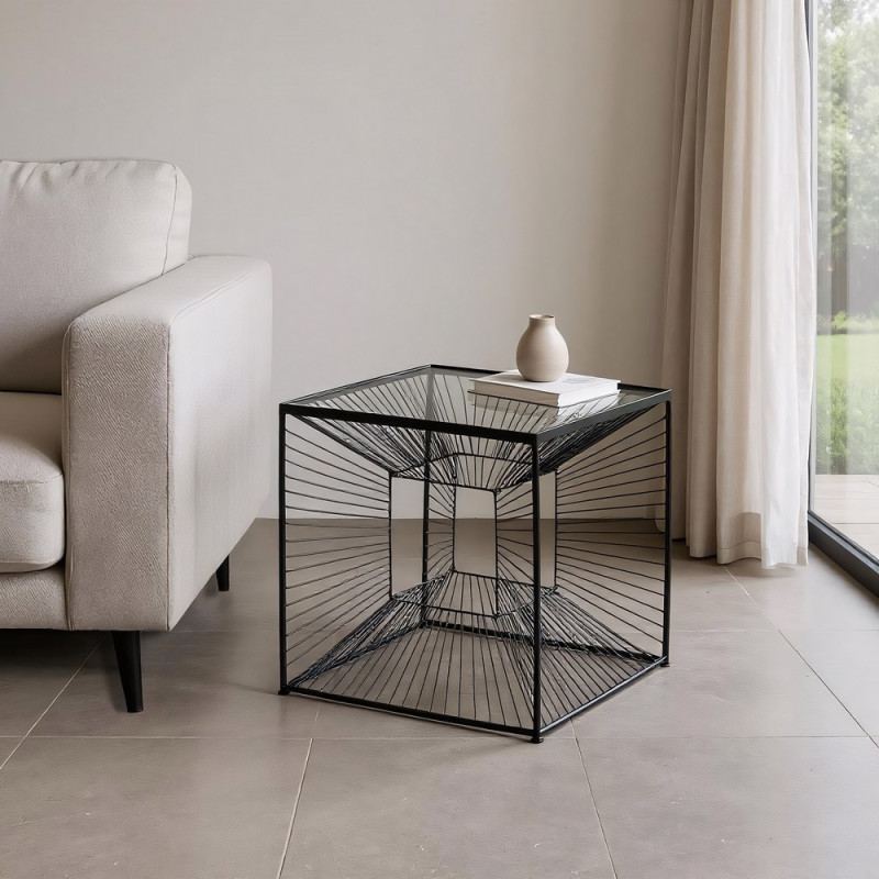 Table basse moderne Carrée 45 cm en Métal Noir Verre Transparent Viana - 2