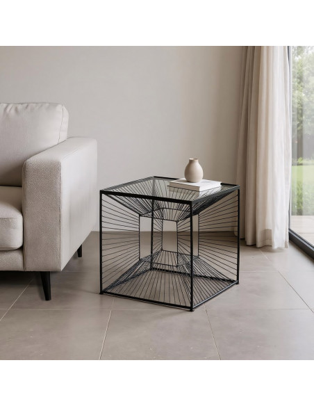 Table basse moderne Carrée 45 cm en Métal Noir Verre Transparent Viana - 2