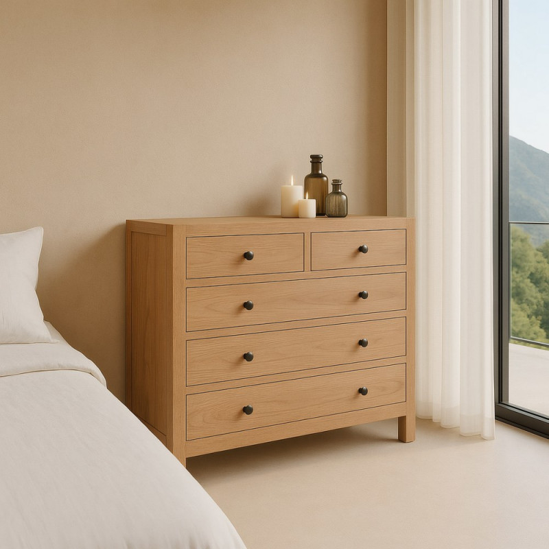 Commode rustique chic 5 tiroirs en Bois de mindi Naturel Vera - 1