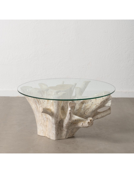 Table basse originale Racines Ronde en Bois de teck Blanc Verre Transparent Biana - 1