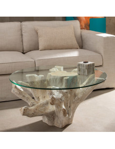 Table basse originale Racines Ronde en Bois de teck Blanc Verre Transparent Biana - 2