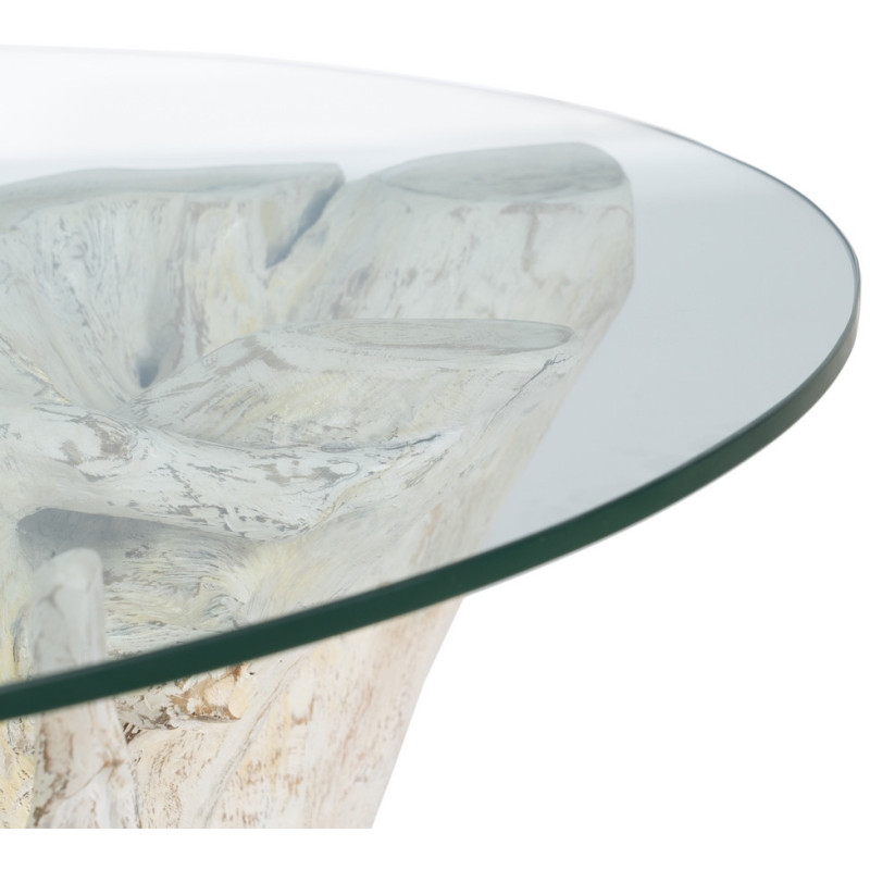 Table basse originale Racines Ronde en Bois de teck Blanc Verre Transparent Biana - 3