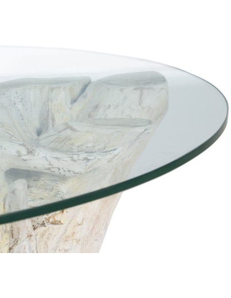 Table basse originale Racines Ronde en Bois de teck Blanc Verre Transparent Biana - 3