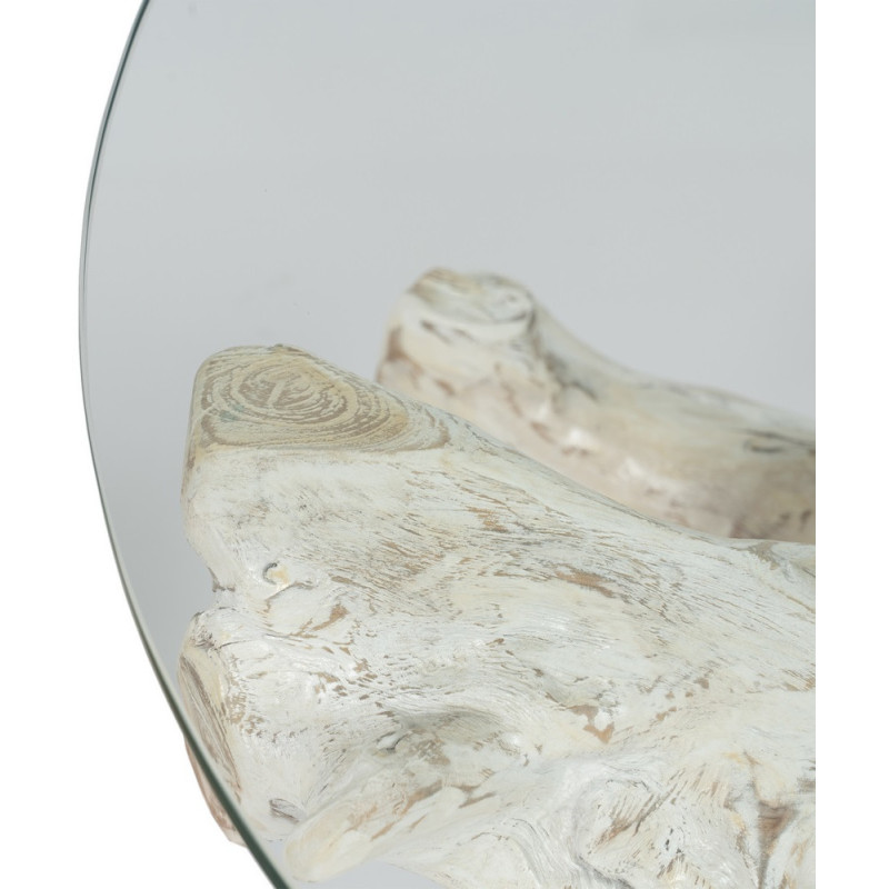 Table basse originale Racines Ronde en Bois de teck Blanc Verre Transparent Biana - 4