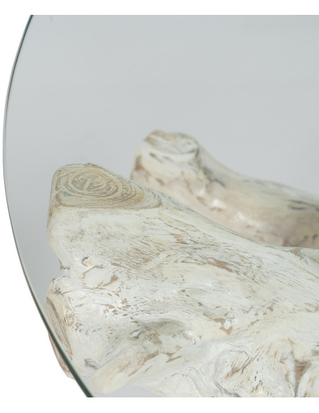 Table basse originale Racines Ronde en Bois de teck Blanc Verre Transparent Biana - 4
