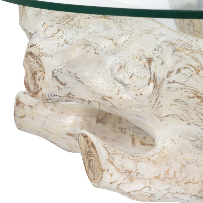 Table basse originale Racines Ronde en Bois de teck Blanc Verre Transparent Biana - 6