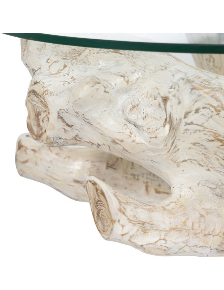 Table basse originale Racines Ronde en Bois de teck Blanc Verre Transparent Biana - 6