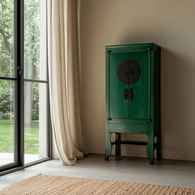 Petite Armoire orientale haute 2 portes en Bois de pin recyclé Vert Vieilli Cuivre Bois MDF Sana - 1