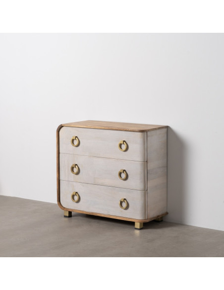 Commode moderne 3 tiroirs en Bois de manguier Blanc Vieilli Naturel Métal Doré Zuria - 1