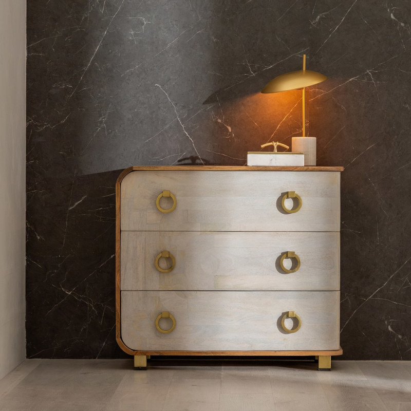 Commode moderne 3 tiroirs en Bois de manguier Blanc Vieilli Naturel Métal Doré Zuria - 2