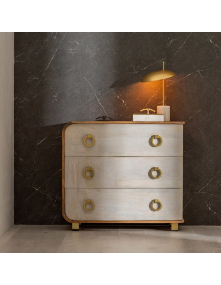 Commode moderne 3 tiroirs en Bois de manguier Blanc Vieilli Naturel Métal Doré Zuria - 2