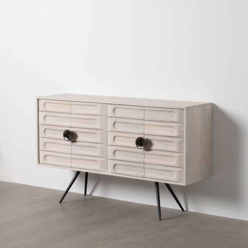 Buffet enfilade moderne Bas 4 portes en Bois de manguier Blanc Vieilli Métal Amiel - 1