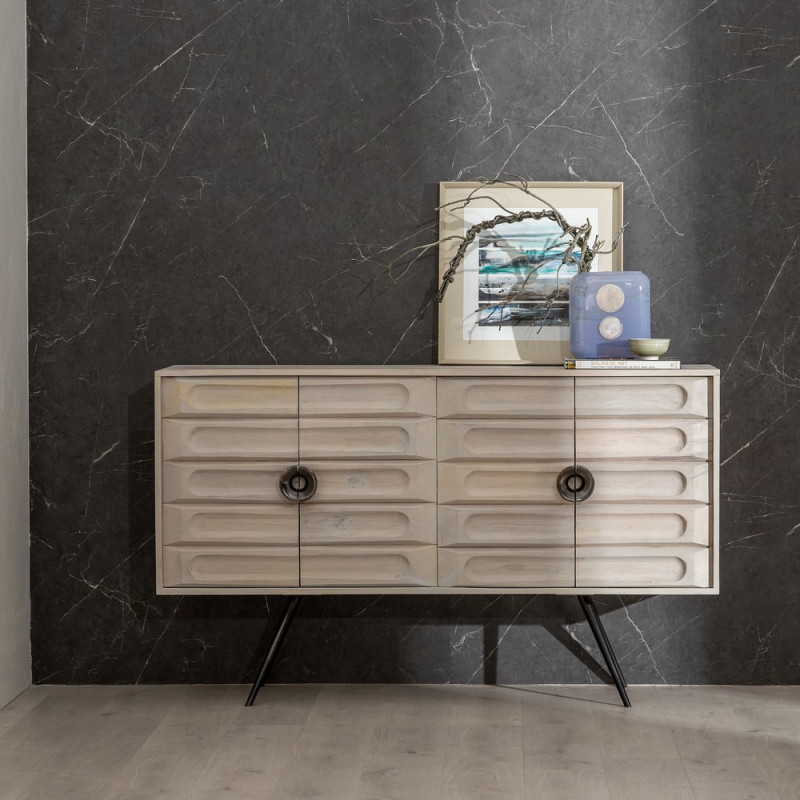 Buffet enfilade moderne Bas 4 portes en Bois de manguier Blanc Vieilli Métal Amiel - 2