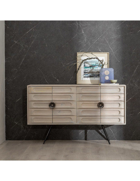 Buffet enfilade moderne Bas 4 portes en Bois de manguier Blanc Vieilli Métal Amiel - 2