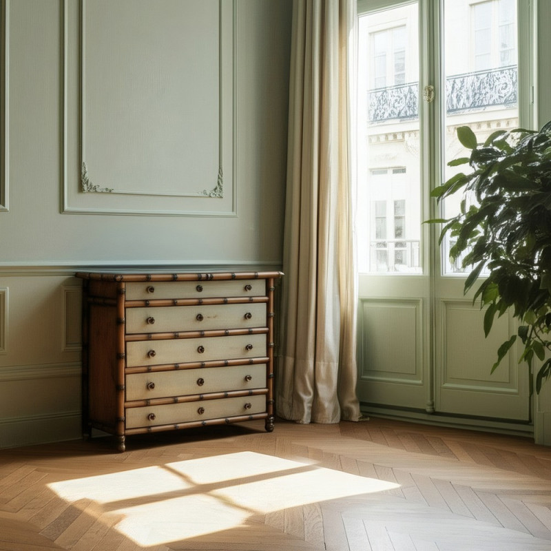 Grande Commode exotique 5 tiroirs en Bois de mindi Marron Effet bambou Blanc crème Vieilli Cova - 1