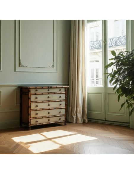 Grande Commode exotique 5 tiroirs en Bois de mindi Marron Effet bambou Blanc crème Vieilli Cova - 1