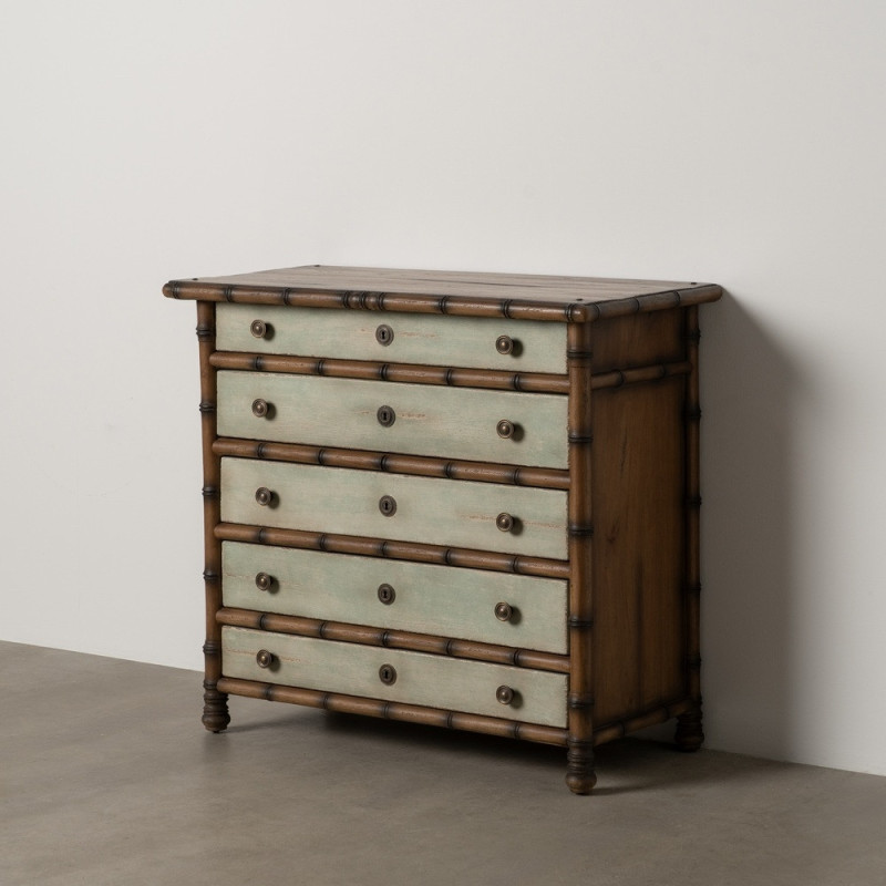 Grande Commode exotique 5 tiroirs en Bois de mindi Marron Effet bambou Blanc crème Vieilli Cova - 2
