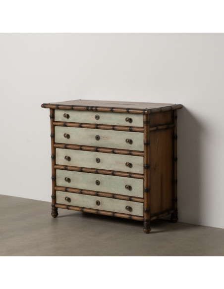 Grande Commode exotique 5 tiroirs en Bois de mindi Marron Effet bambou Blanc crème Vieilli Cova - 2
