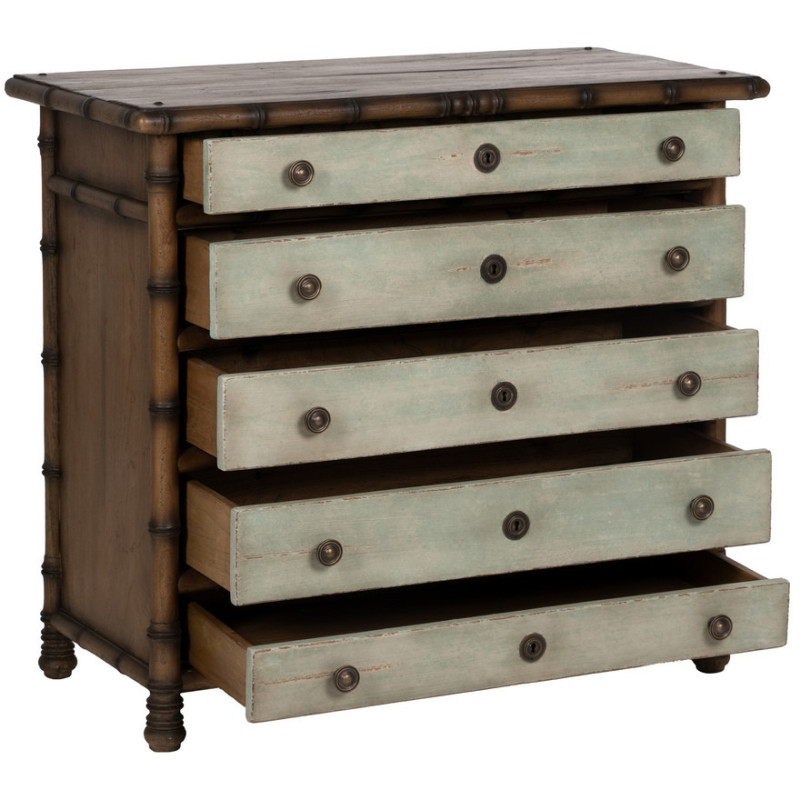 Grande Commode exotique 5 tiroirs en Bois de mindi Marron Effet bambou Blanc crème Vieilli Cova - 3