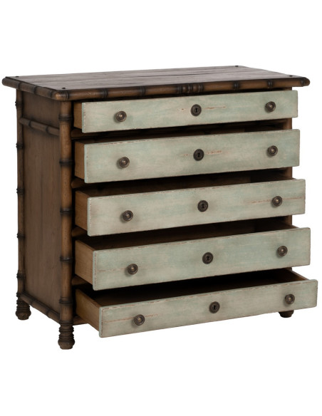 Grande Commode exotique 5 tiroirs en Bois de mindi Marron Effet bambou Blanc crème Vieilli Cova - 3