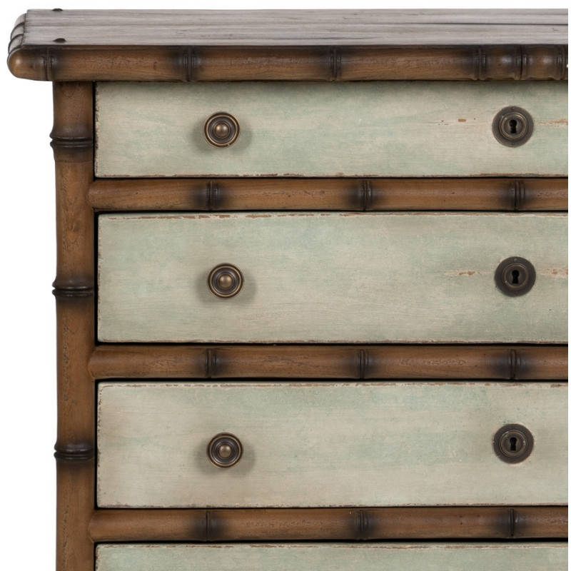 Grande Commode exotique 5 tiroirs en Bois de mindi Marron Effet bambou Blanc crème Vieilli Cova - 5