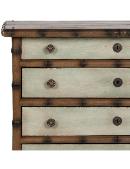 Grande Commode exotique 5 tiroirs en Bois de mindi Marron Effet bambou Blanc crème Vieilli Cova - 5